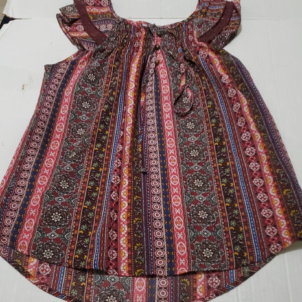 NOBO Burgundy Multicolor Boho Floral Smocking Neck Three Ruffle Lace Top S